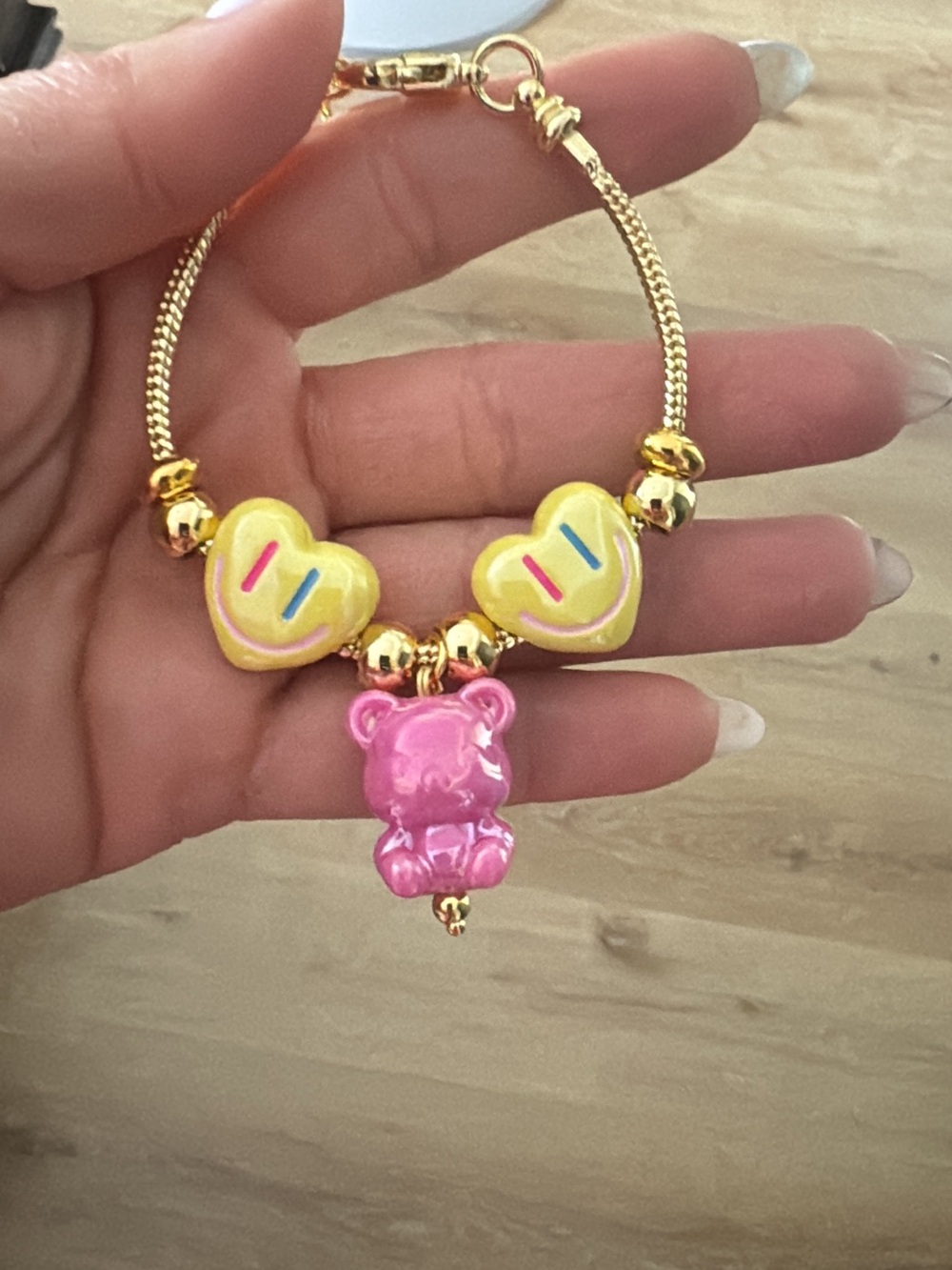 Gold-Plated Bracelet with Yellow Heart Beads & Pink Bear Charm
